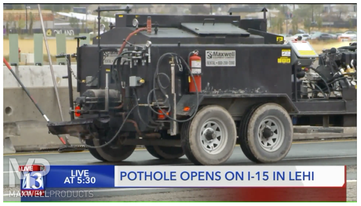 Ames Construction fixes a pothole on I-15 with a Maxwell Equipment mastic melter and Helix Flow Controller