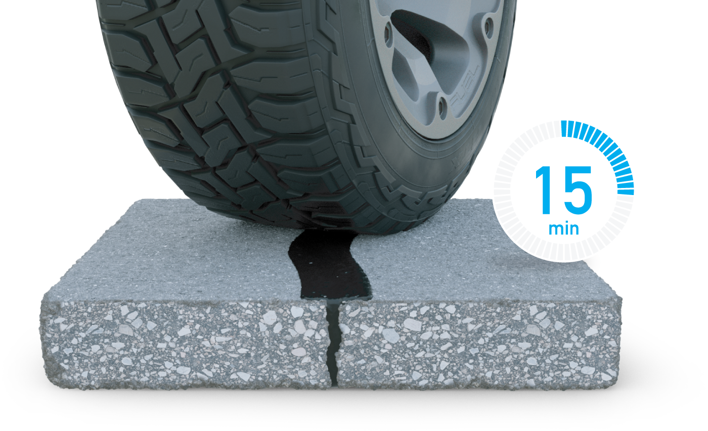 A tire rolling over a sealed crack, with a 15 minute timer