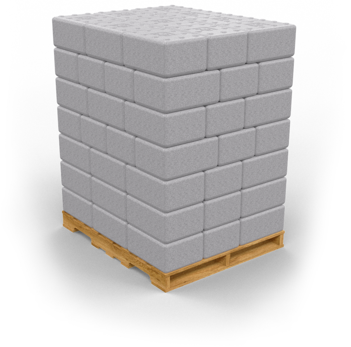 A full pallet of PolySkin blocks interlocked into a column, standing without stretch wrap. Transparent, with the ground plane and most of the shadow taken out, so it can sit on the page rather than in a frame.
