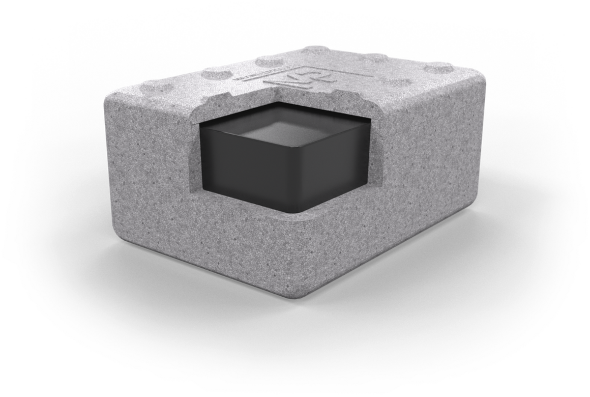 A PolySkin block with one wall cut away, showing the block of sealant inside the foam shell.
